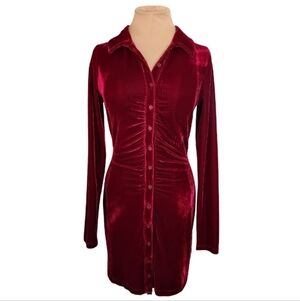 Reformation Burgundy Velvet Ruched Button Front Mini Dress Size Small